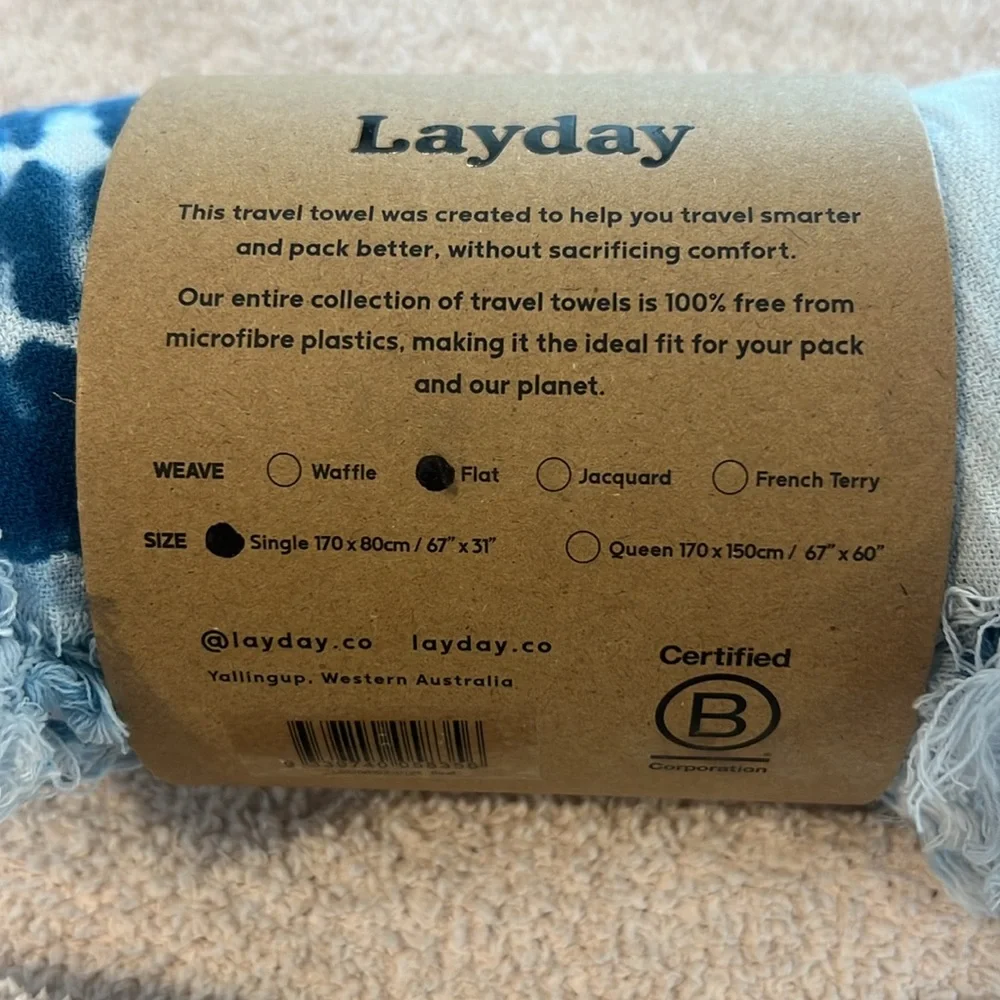 Layday Hand Dyed 100% Cotton Journey Towel, NWT